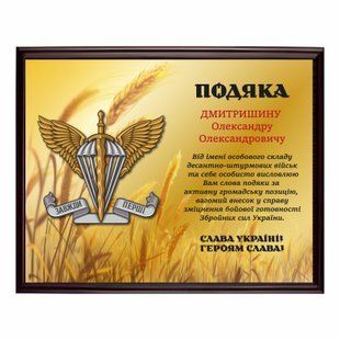 Благодарность из металла под золото на подложке 220х300мм DNM2004 фото